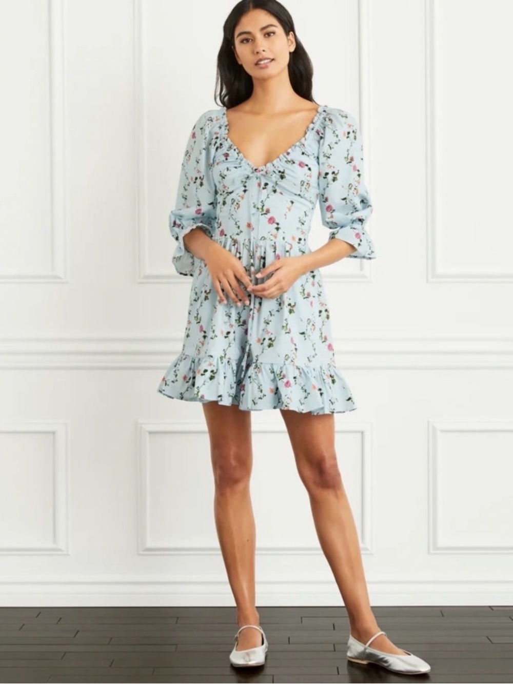 Hill House Light Blue Floral Tie-Front Ruffle Mini Dress